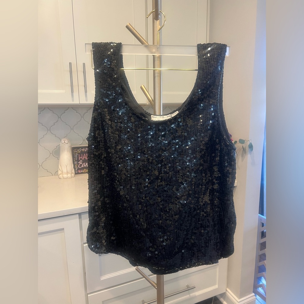Scala Black Sequined Sleeveless Tank Top